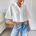 Textured Women's Short Sleeve Blouse with Modern Collar
