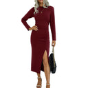 Chic Long Sleeve Midi Dress with Slit and Ruffles
