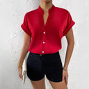 Stylish Short Sleeve Blouse with Stand-Up Collar and Button Accents