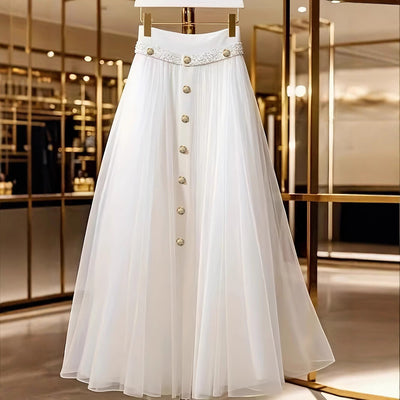 Chic Long Skirt with Button Accents and Shimmering Waistband