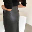 Chic Faux Leather Midi Skirt with Side Slit