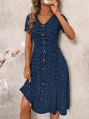 Chic V-Neck Knee-Length Dress with Button Details