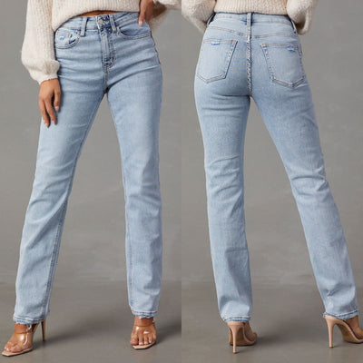 Chic Women's High-Waist Jeans with Frayed Hem