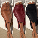 Chic Pencil Skirt with Asymmetrical Slit & Ruffle Design