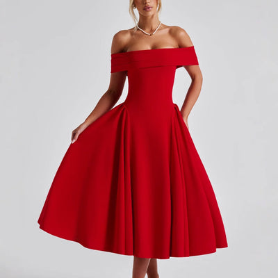 Off-Shoulder Women's Cocktail Dress with Flowing Skirt