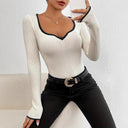 Stylish Women's V-Neck Long Sleeve Bodysuit with Textured Detail