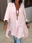 Elegant Women's Linen Blouse with Button Placket and Roll-Up Sleeves