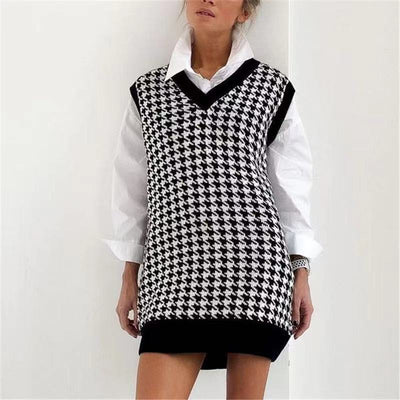 Chic Women's Knitted Sleeveless Houndstooth Dress