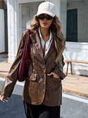 Chic Crocodile-Textured Women's Faux Leather Blazer