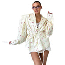Floral Design Blazer Jacket with Waist Belt for Women