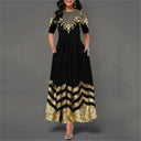 Artistic Gold Embroidered Women's Maxi Dress with Zigzag Design