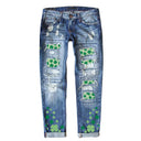 Chic Women's Clover Print Jeans with Trendy Distressed Accents