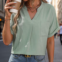 Chic Women's V-Neck Blouse with Pocket & Rolled Sleeves