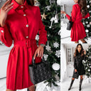 Women's Knee-Length Pleated Shirt Dress with Stylish Waist Belt