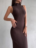 Women's High Collar Knit Bodycon Dress with Ribbed Texture