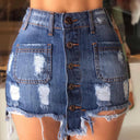 Stylish Women's Denim Mini Skirt with Button Placket & Distressed Accents
