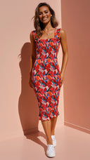 Floral Midi Dress with Ruffle Accents for Women