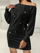 Chic Mini Dress with Asymmetrical Neckline & Balloon Sleeves
