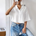 Textured Women's Short Sleeve Blouse with Modern Collar