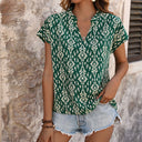 Floral Print Short Sleeve Blouse with Stand-Up Collar