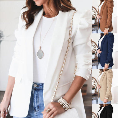 Chic Women's Blazer with Puff Sleeves & Stylish Pockets