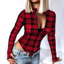 Chic Women's Long Sleeve Zipper Bodysuit with Check Design
