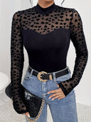Chic Long Sleeve Patterned Bodysuit with High Collar