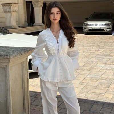 Chic Women's Ruffled Patterned Blouse Set