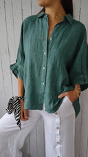 Pure Linen Women's Blouse with Button Placket and Wide Sleeves