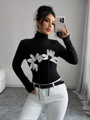Floral High Collar Long Sleeve Bodysuit for Women