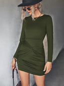 Chic Knee-Length Wrap Dress with Ruching and Long Sleeves