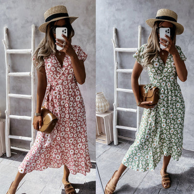 Floral Short Sleeve Wrap Dress for Women