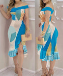Flowing Asymmetrical Women's Dress with Off-Shoulder Sleeves