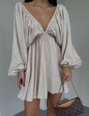 Deep V-Neck Dress with Statement Sleeves