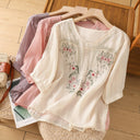 Floral Embroidered Women's Blouse with Button Neckline