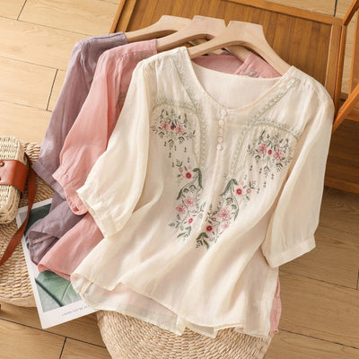 Floral Embroidered Women's Blouse with Button Neckline