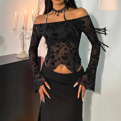 Floral Lace Off-Shoulder Top with Flared Sleeves