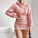 Stylish Women's Hooded Dress with Ruching and Side Drawstring