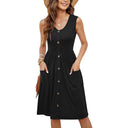 Chic Knee-Length Summer Dress with Button Accents and Handy Pockets