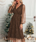Glamorous Midi Dress with Sheer Puff Sleeves and Sequin Design