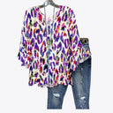 Women's Colorful Patterned Blouse with Dramatic Sleeves