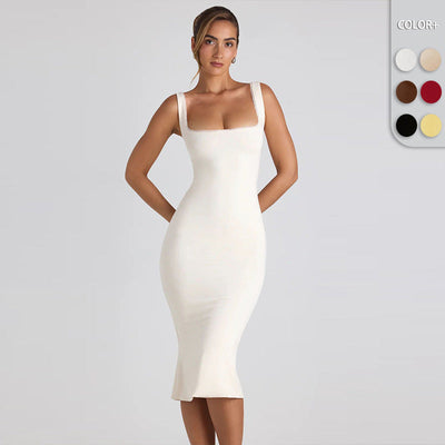 Chic Midi Dress with Square Neckline and Lace Details