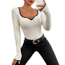 V-Neck Women's Long Sleeve Ribbed Bodysuit
