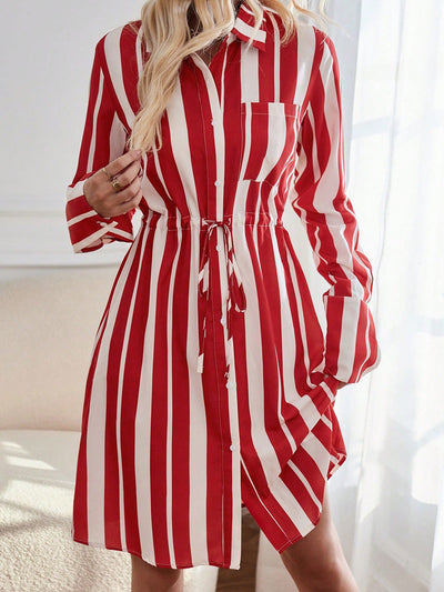 Striped Women's Shirt Dress with Adjustable Drawstring