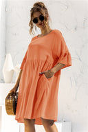 Chic Women's Dress with Balloon Sleeves and Handy Pockets