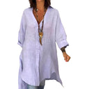 Elegant Women's Linen Blouse with Button Placket and Roll-Up Sleeves