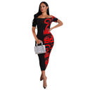 Chic Off-Shoulder Midi Dress with Eye-Catching Graphic Print
