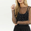 Chic Pearl-Embellished Sheer Sleeve Top