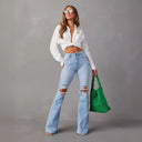 Chic Women's Flared Jeans with Distressed Detail