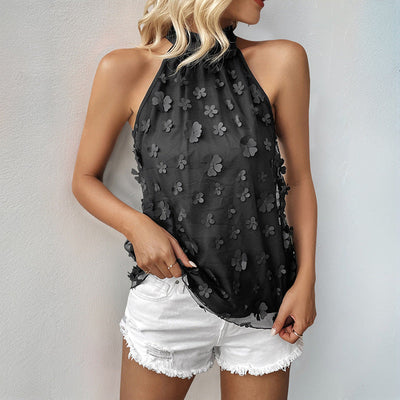 Floral 3D Design Blouse with Stand Collar for Women